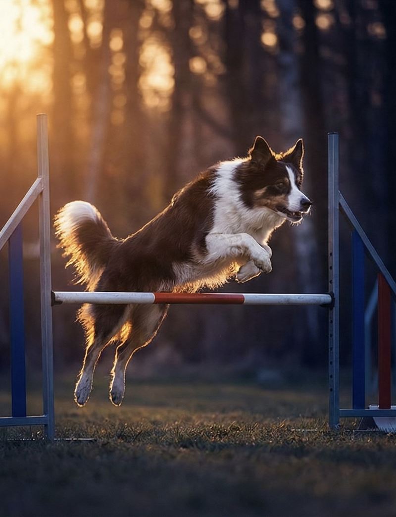 A border collie clearing an agility jump