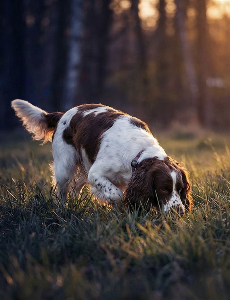 A springer spaniel with its nose to the grass